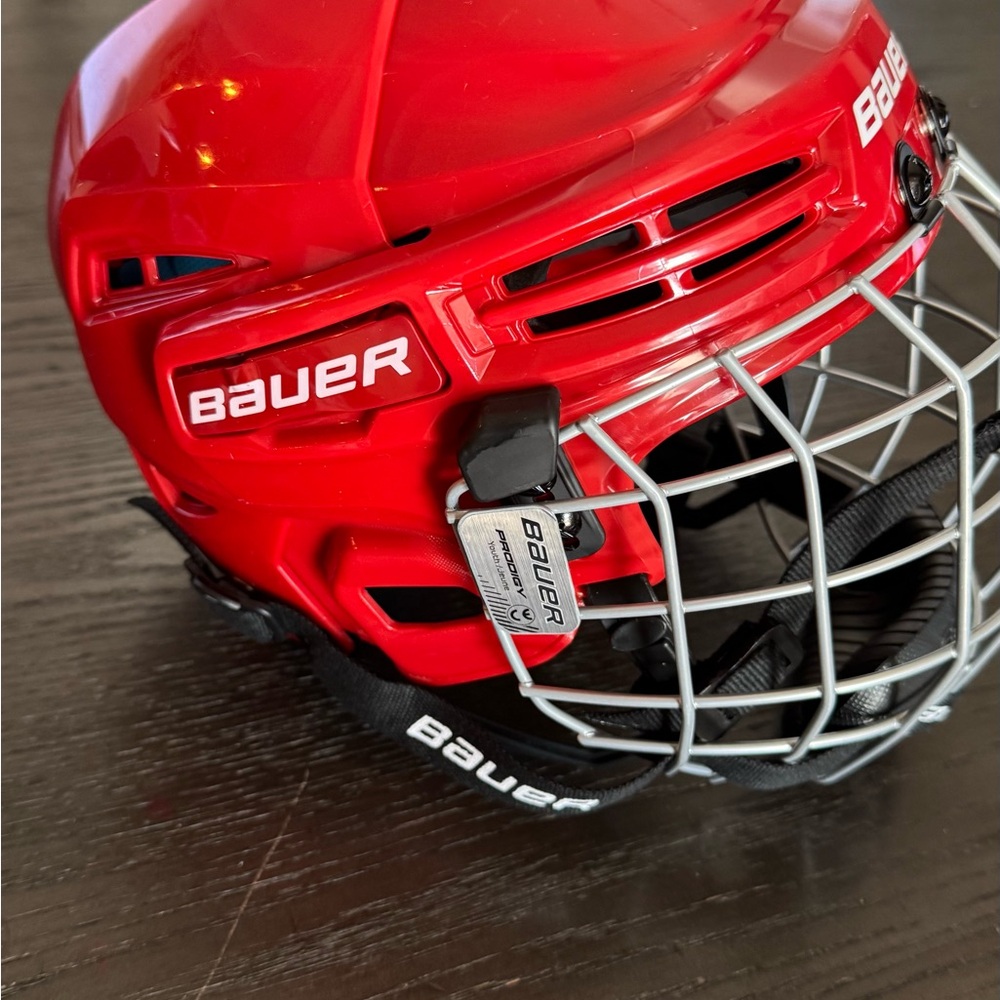 Bauer Red Ice Hockey Helmet with Silver Cage  Youth size 6 - 6 5/8